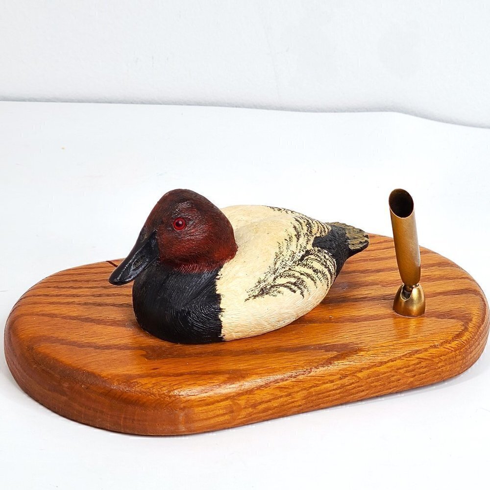 VTG POVERUD Enterp. Hand Carved CANADA GOOSE Wooden Duck Glass Eyes Pen Holder